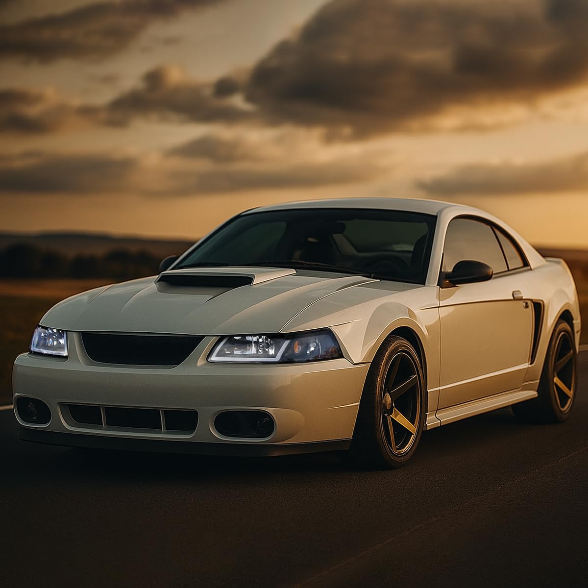 Black SPEC-D TUNING Headlights with LED Tube Strip Compatible with 1999-2004 Ford Mustang, Left + Right Pair Headlamp Assembly