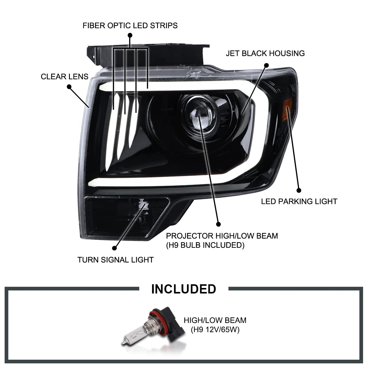 Jet Black SPEC-D TUNING Projector Headlights w/LED Tube Compatible with 2009-2014 Ford F150, Left + Right Pair Headlamps Assembly