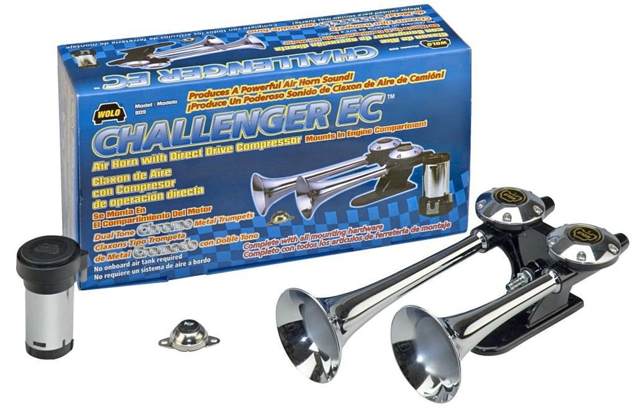 Challenger EC Wolo (809) Chrome Finish Dual Trumpet Horn - 12 Volt, Dual Tone, Engine Compartment Mount