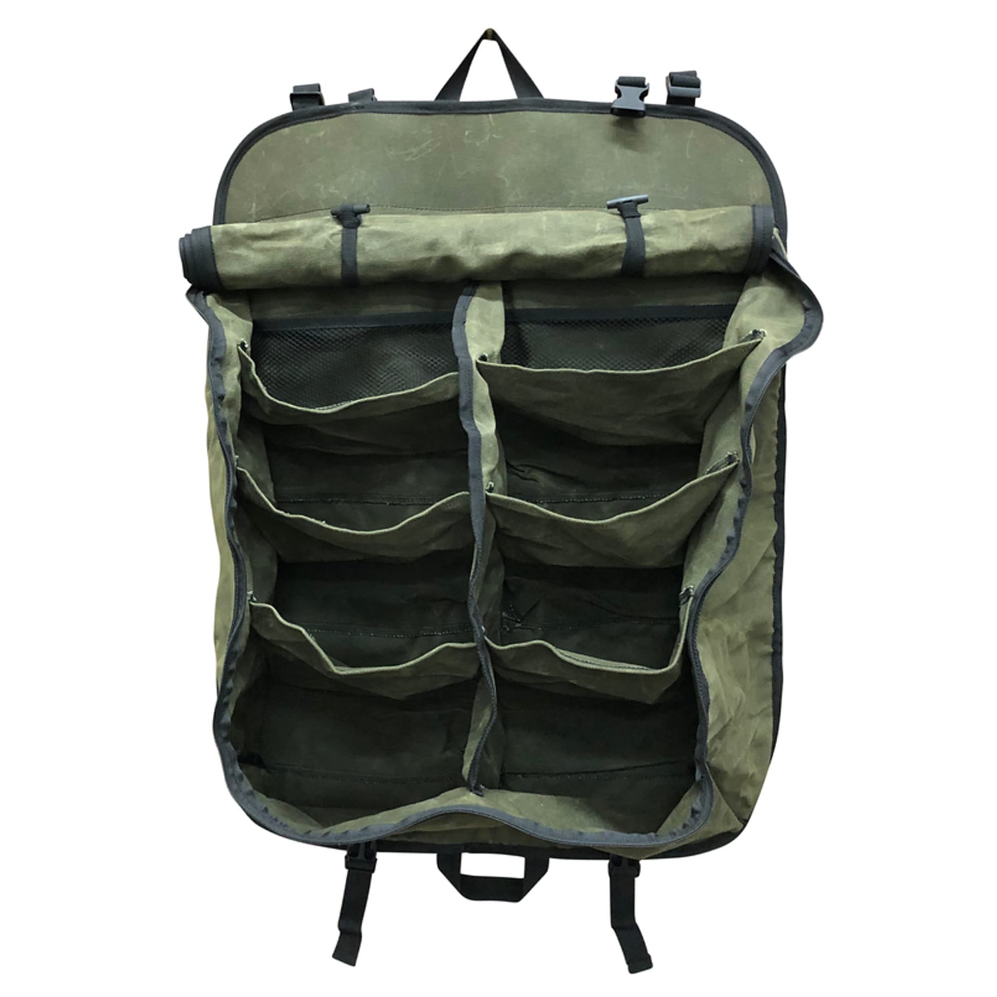 Camping Gear Storage Bag - Overland Vehicle Systems #16 Waxed Canvas - Infused with Paraffin Wax Waterproofing - 8 Storage Pockets for all your toiletries, clothes, shoes and camping gear.