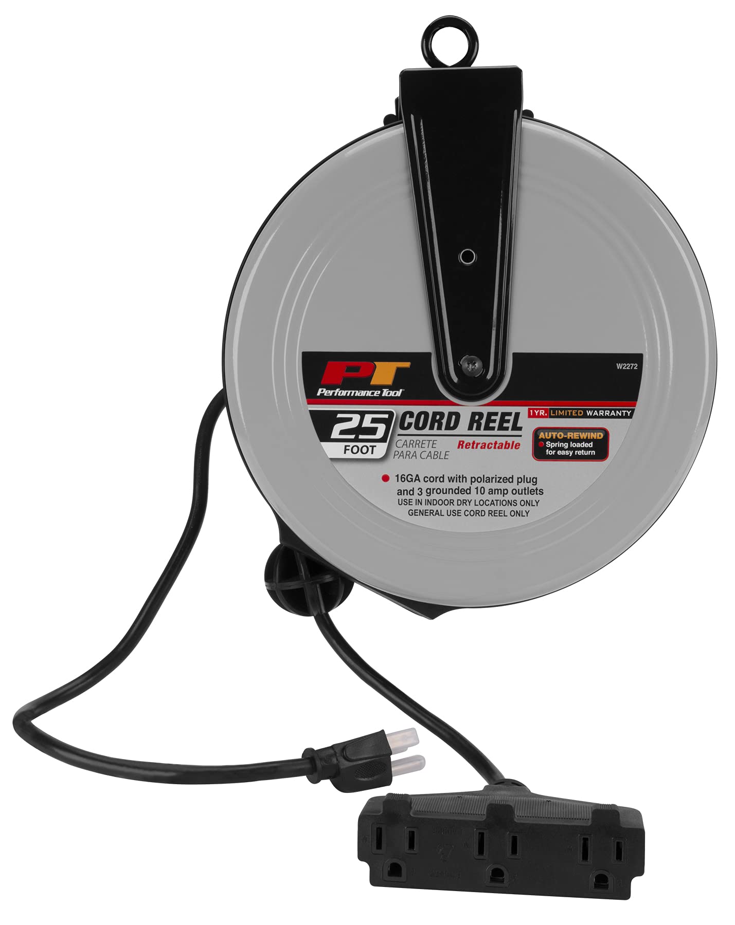 W2272 Performance Tool Retractable Cord Reel for Outlet Extension in Workshops and Home, Black/Gray, 25 feet