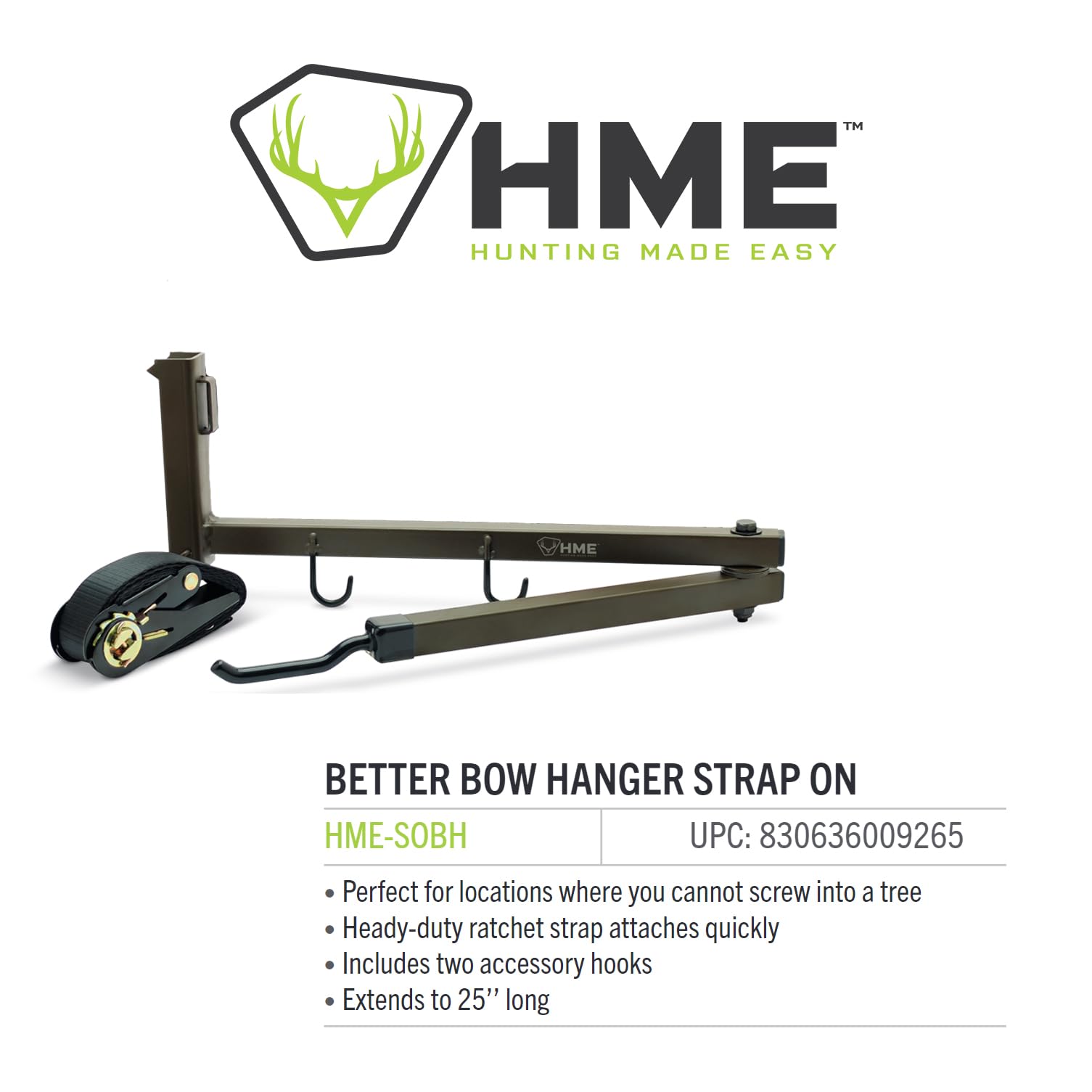 HME Easy-to-Attach Durable Better Tree Stand Bow Hanger Strap-On w/Two Accessory Hooks & Heavy-Duty Ratchet Strap - Extends to 25", 2.10 x 7.00 x 16.00