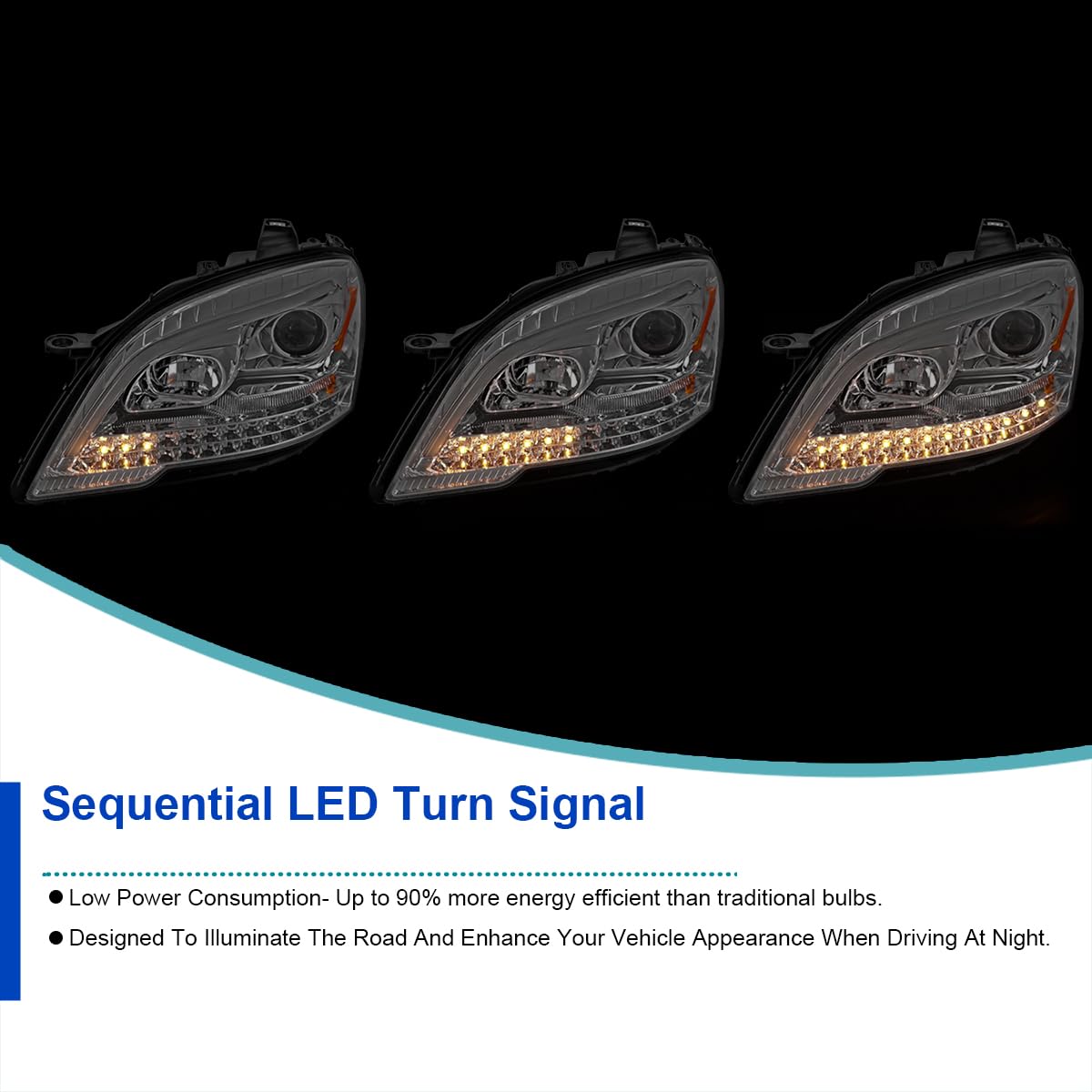 Chrome Projector Headlights SPEC-D TUNING with LED Sequential Turn Signals Compatible with 2009-2011 Mercedes Benz W164 ML320, Left + Right Pair Headlamp Assembly