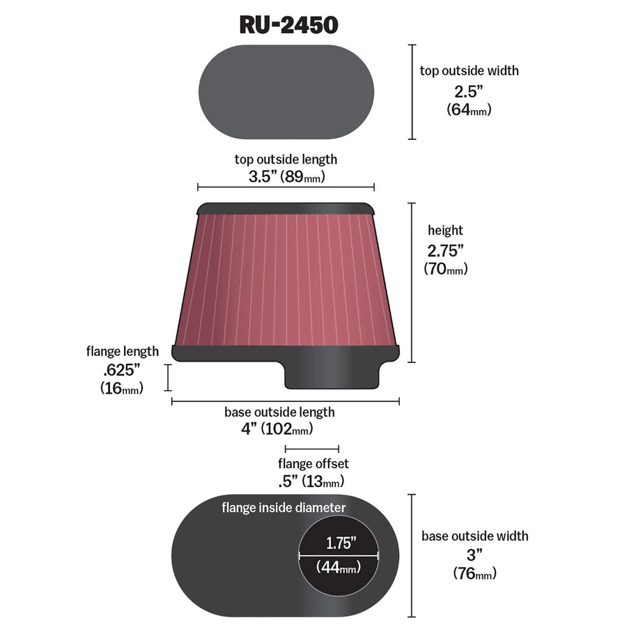High-Flow K&N Original Lifetime Universal Clamp-On Air Filter: High Performance, Premium: Flange Diameter: 1.75 In, Filter Height: 2.75 In, Flange Length: 0.625 In, Shape: Oval Straight, RU-2450