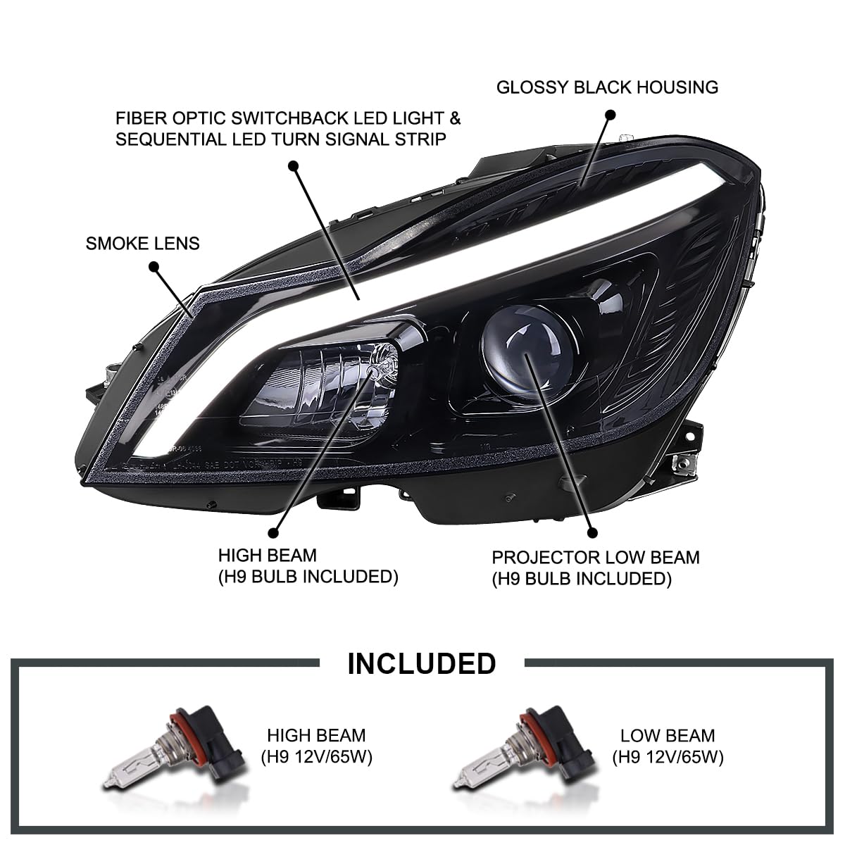 Black Smoke SPEC-D TUNING Switchback Sequential LED Tube Projector Headlights Compatible with 2012-2014 Mercedes-Benz W204 C-Class C250 C300 C350 C63, Left + Right Pair Headlamps Assembly