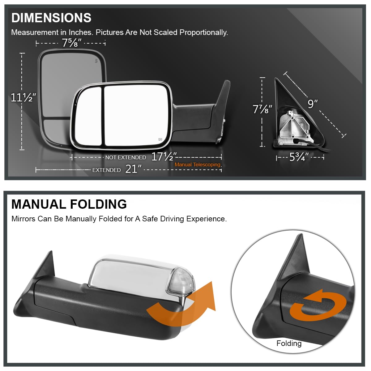 Spec-D Tuning Power Chrome Heated Towing Mirrors w/LED Turn Signal Compatible with 1998-2001 Dodge Ram 1500, 1998-2002 Dodge Ram 2500/3500, Left + Right Pair