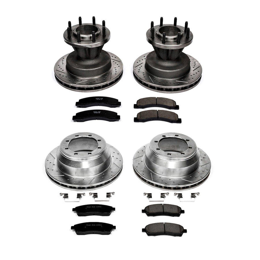 Power Stop K2868 Z23 Carbon Fiber Brake Pads with Drilled & Slotted Brake Rotors Kit Front and Rear For Ford F-350 Super Duty 1999-2002 [Model Specific]