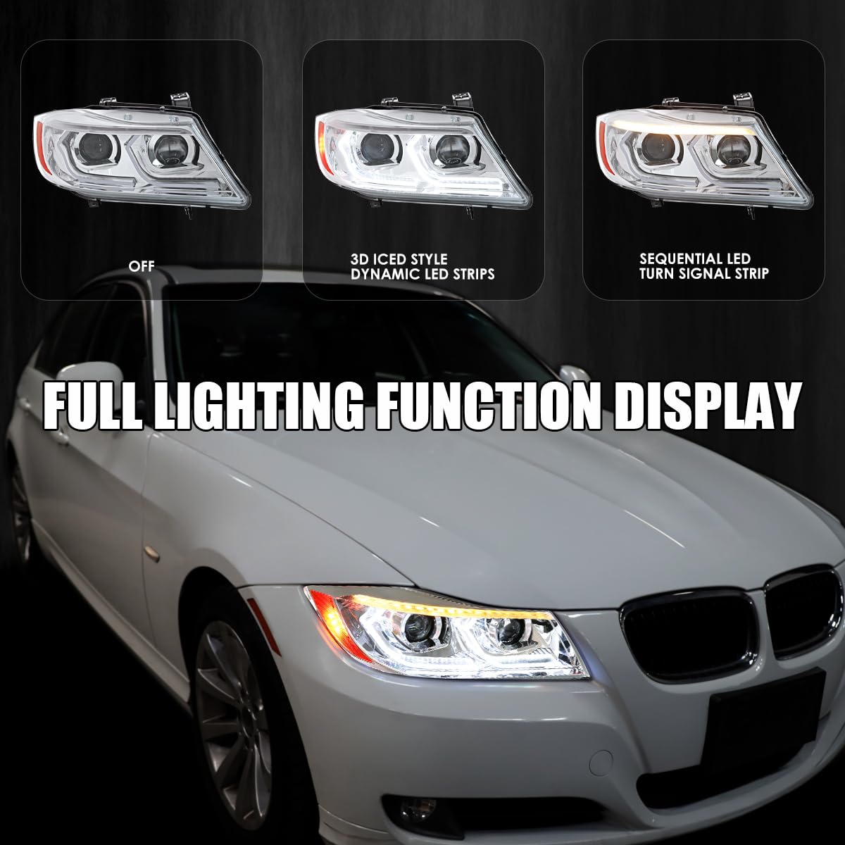 Dual Projector SPEC-D TUNING Chrome Headlights with 3D LED Tube and Startup Animation Compatible with 2006-2011 BMW 3-Series E90 Sedan/E91 Wagon, Left + Right Pair Headlamps Assembly