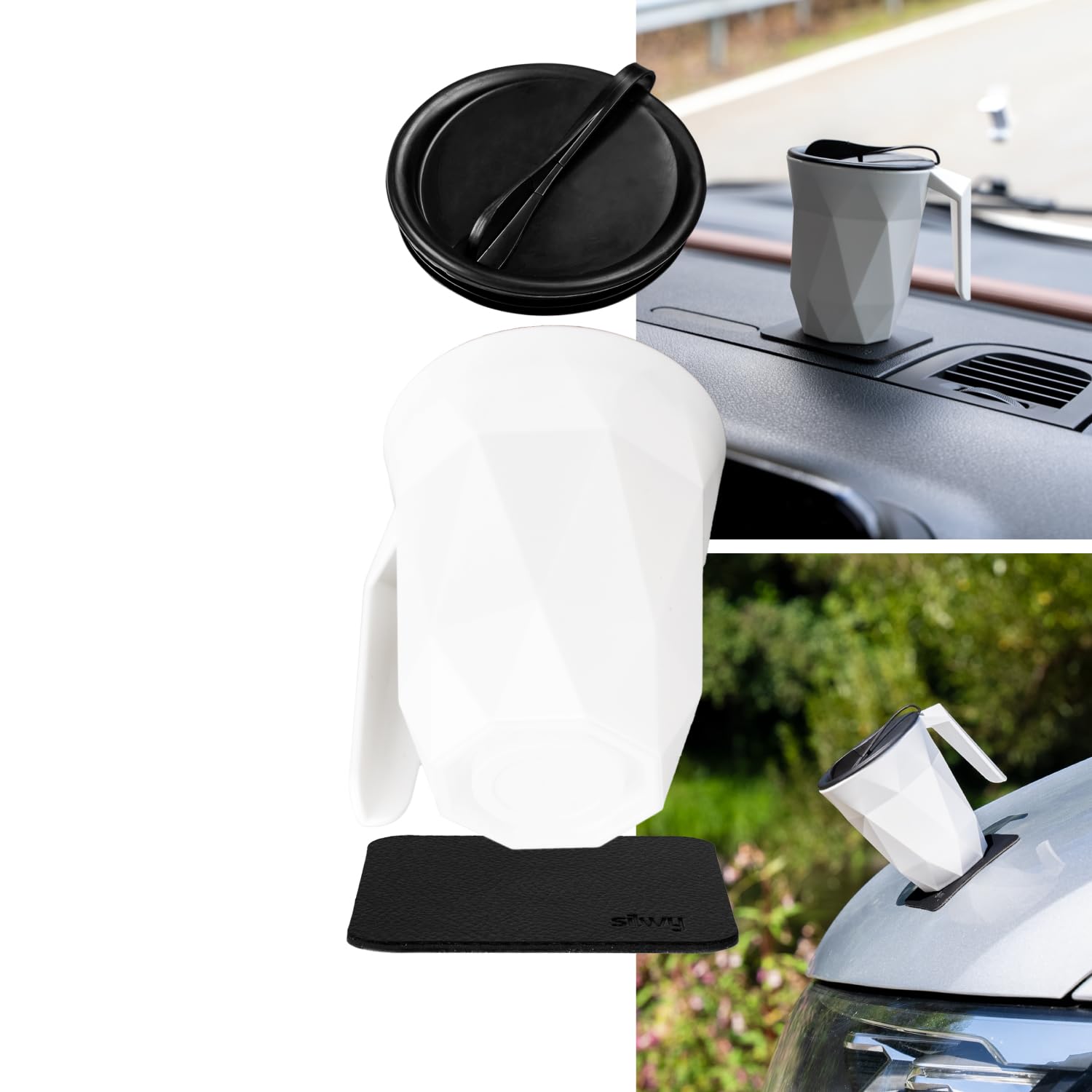 TO-GO silwy einfach anziehend. Plastic Cup with Black Metal Nano Gel Pad, Handle, and Lid – Durable, Non-Slip Drinkware for On-the-Go Convenience