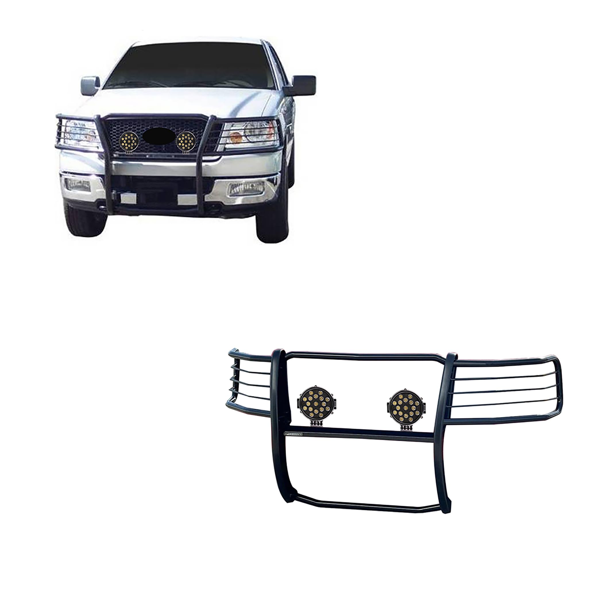 Bumper Guard Black Horse Grille Brush Modular Black Come with Pair of 7.0" Dia.LED Lights with Black Trim Rings Compatible with 2004-2008 Ford F-150-17FP28MA-PLB