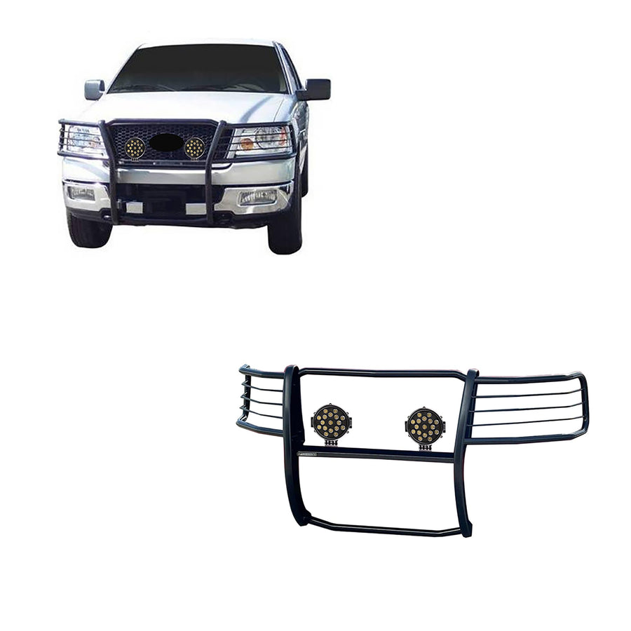 Bumper Guard Black Horse Grille Brush Modular Black Come with Pair of 7.0" Dia.LED Lights with Black Trim Rings Compatible with 2004-2008 Ford F-150-17FP28MA-PLB