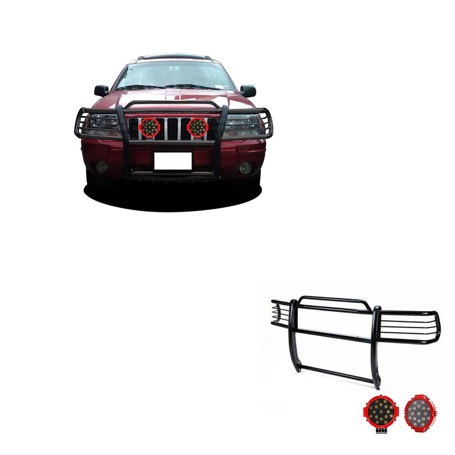Grille Brush Black Horse Bumper Guard Modular Black Come with Pair of 7.0" Dia.LED Lights with Red Trim Rings Compatible with 1999-2004 Jeep Grand Cherokee-17EB26MA-PLR