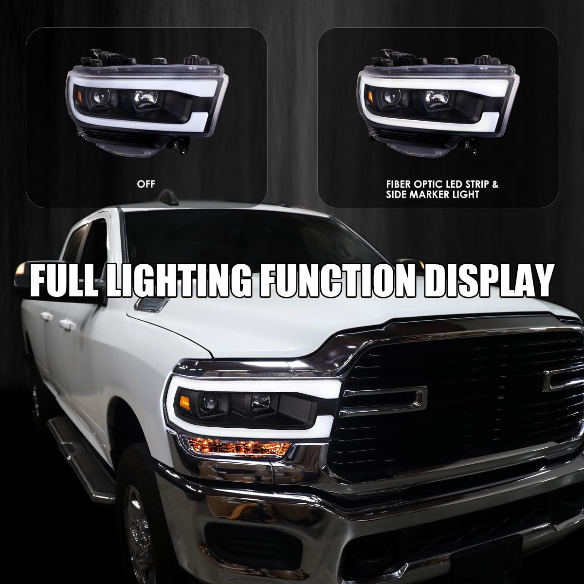 Black Projector Headlights w/LED Bar SPEC-D TUNING Compatible with 2019-2024 Dodge Ram 2500, 3500, 4500, Left + Right Pair Headlamps Assembly