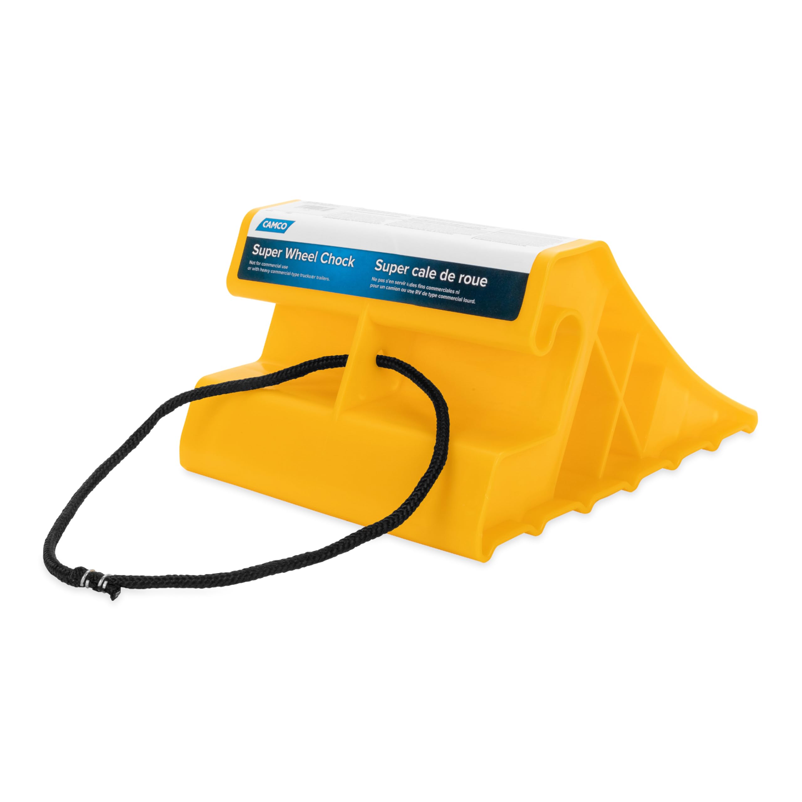 Camco Super Wheel Chock - Large, Heavy Duty Trailer Chock w/Rope Constructed of Durable Plastic - Features Rope Handle for Easy Removal - Use w/Tires Up to 29-inches – 44475