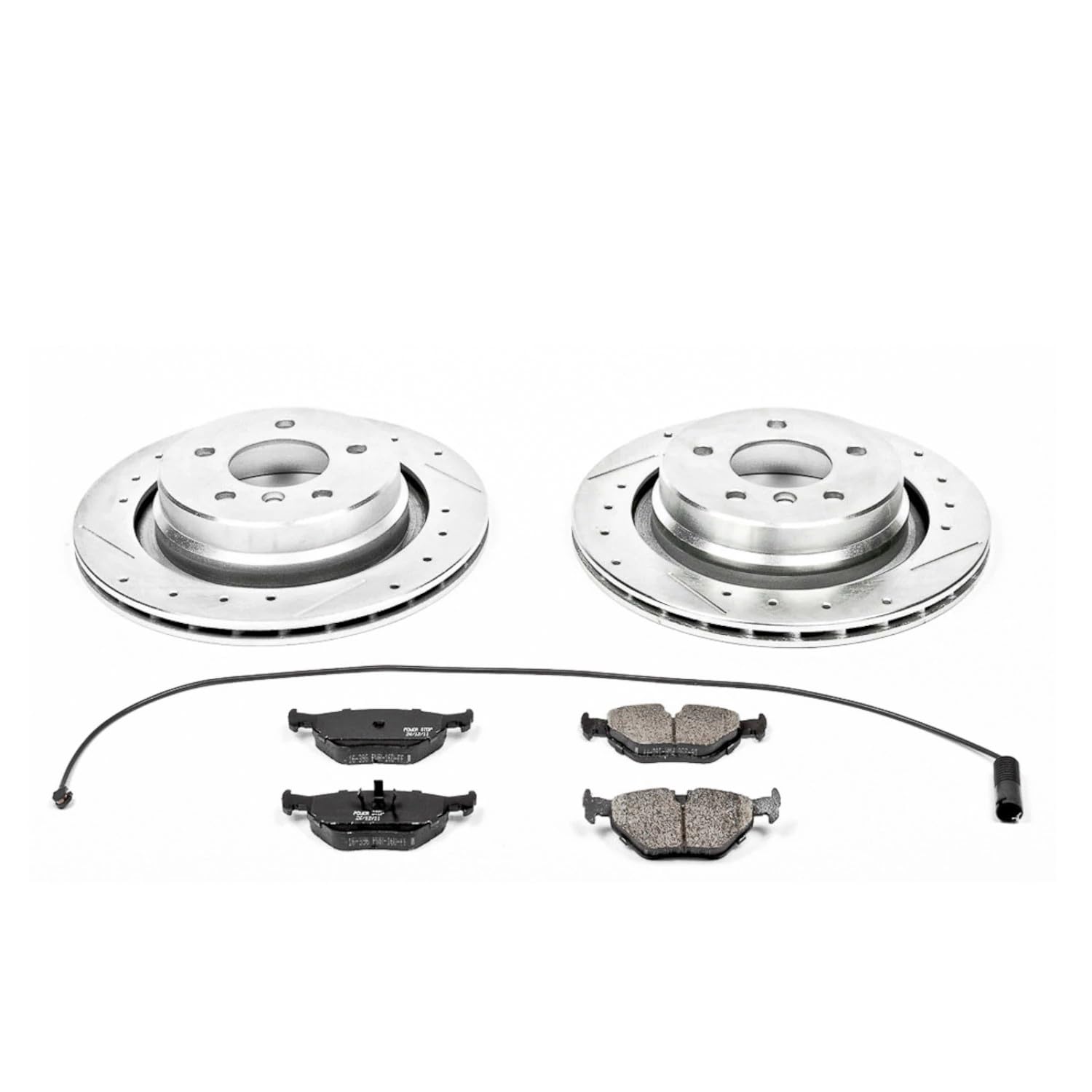 Power Stop K581 Rear Brake Pads Z23 Carbon Fiber with Drilled & Slotted Brake Rotors Kit and 1 Rear Sensor Wire For BMW M3 1995-1999 [Model Specific]
