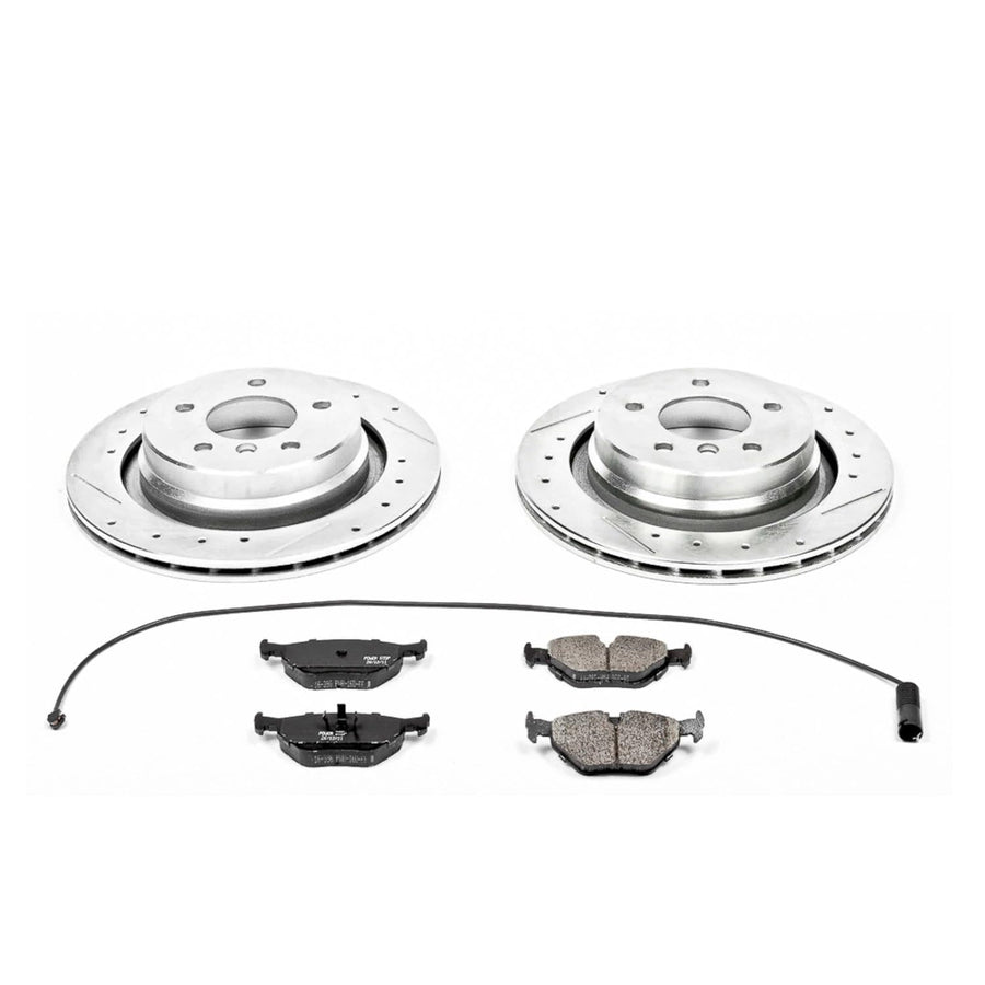 Power Stop K581 Rear Brake Pads Z23 Carbon Fiber with Drilled & Slotted Brake Rotors Kit and 1 Rear Sensor Wire For BMW M3 1995-1999 [Model Specific]