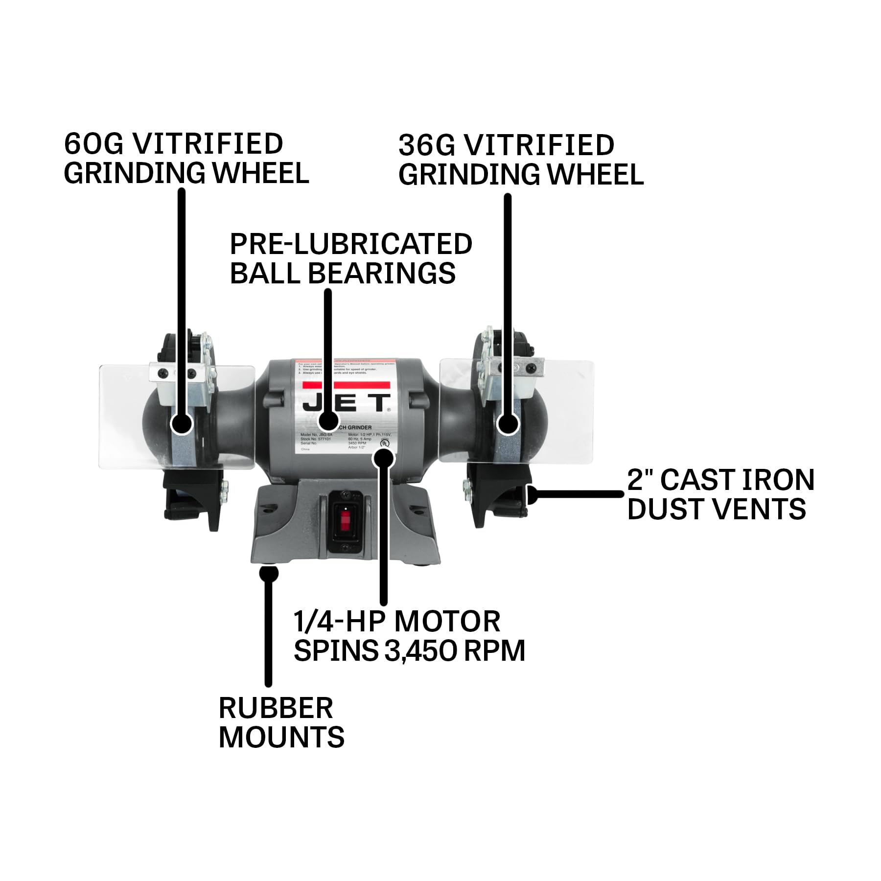 JET 6-Inch Grinder Bench, 3450 RPM, 1/4 HP, 115V 1Ph (Model JBG-6)