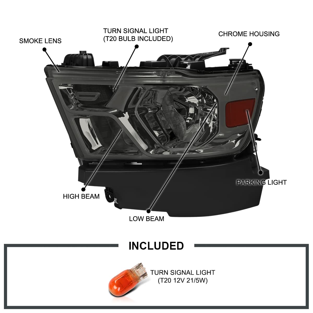Smoke Headlights SPEC-D TUNING Compatible with 2019-2024 Ram 1500, Left + Right Pair Headlamp Assembly