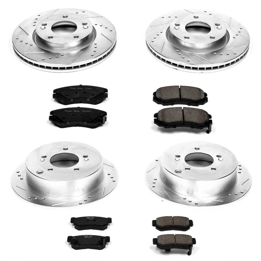 Power Stop K4448 Z23 Carbon Fiber Brake Pads Front and Rear with Drilled & Slotted Brake Rotors Kit For Hyundai Tucson 2005-2009, Kia Sportage 2005-2010 [Model Specific]