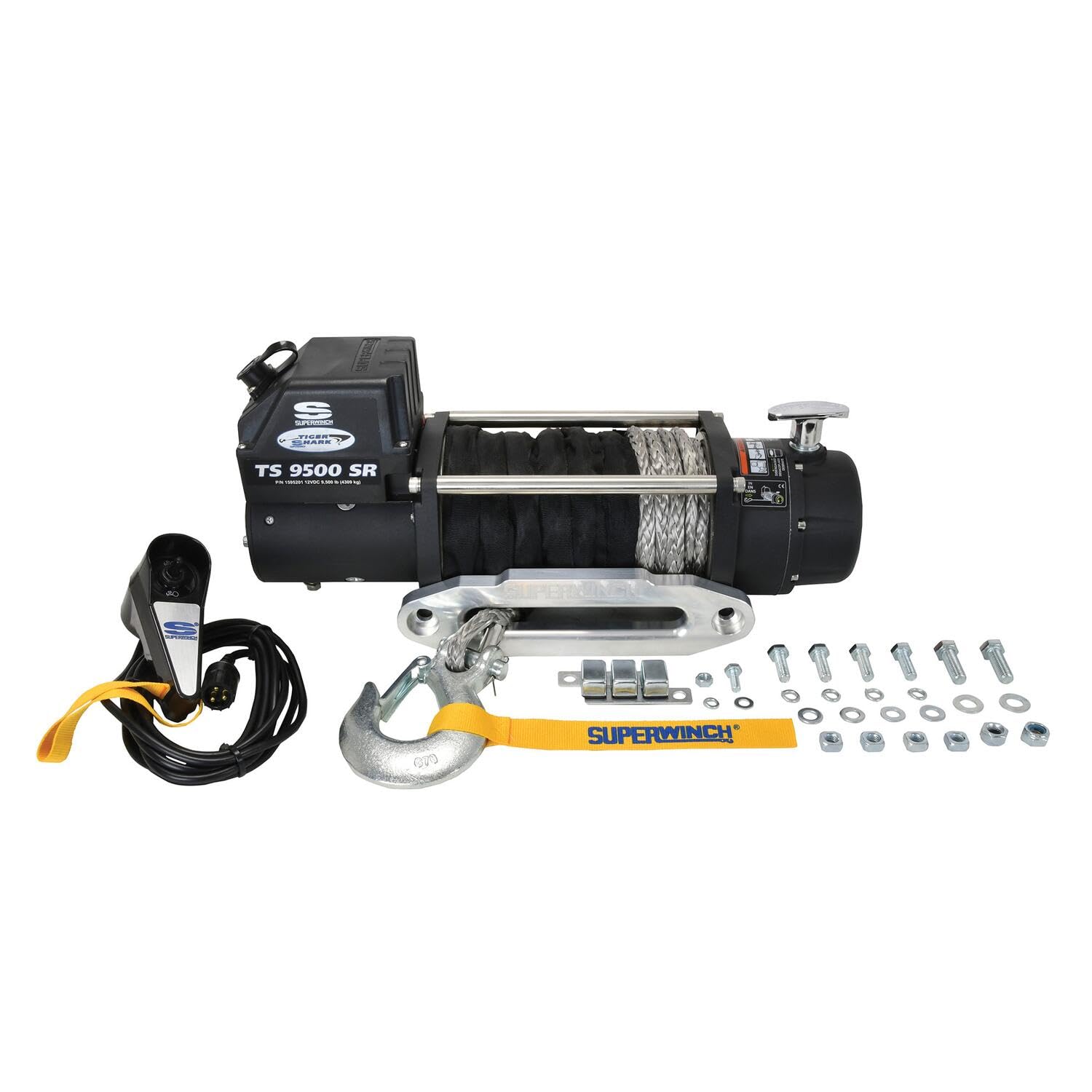 Tiger Shark SUPERWINCH 1595201 Winch with Aluminum Hawse and Synthetic Rope - 9500 lb. Load Capacity, Black