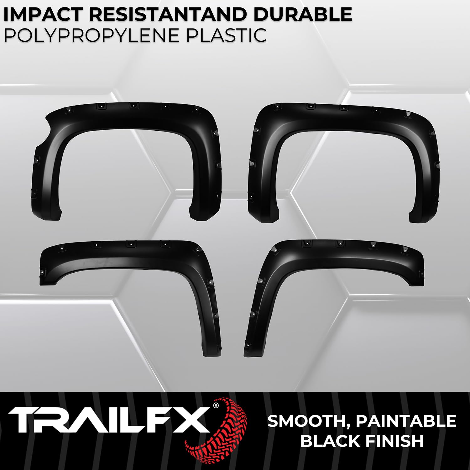 TrailFX Pocket Style Fender Flares for 5.7 Foot Bed Chevrolet Silverado 1500 2007-2013 Black Smooth Paintable Polypropylene Set of 4 with Stainless and Black Steel Rivets TrailFX TFC3003S