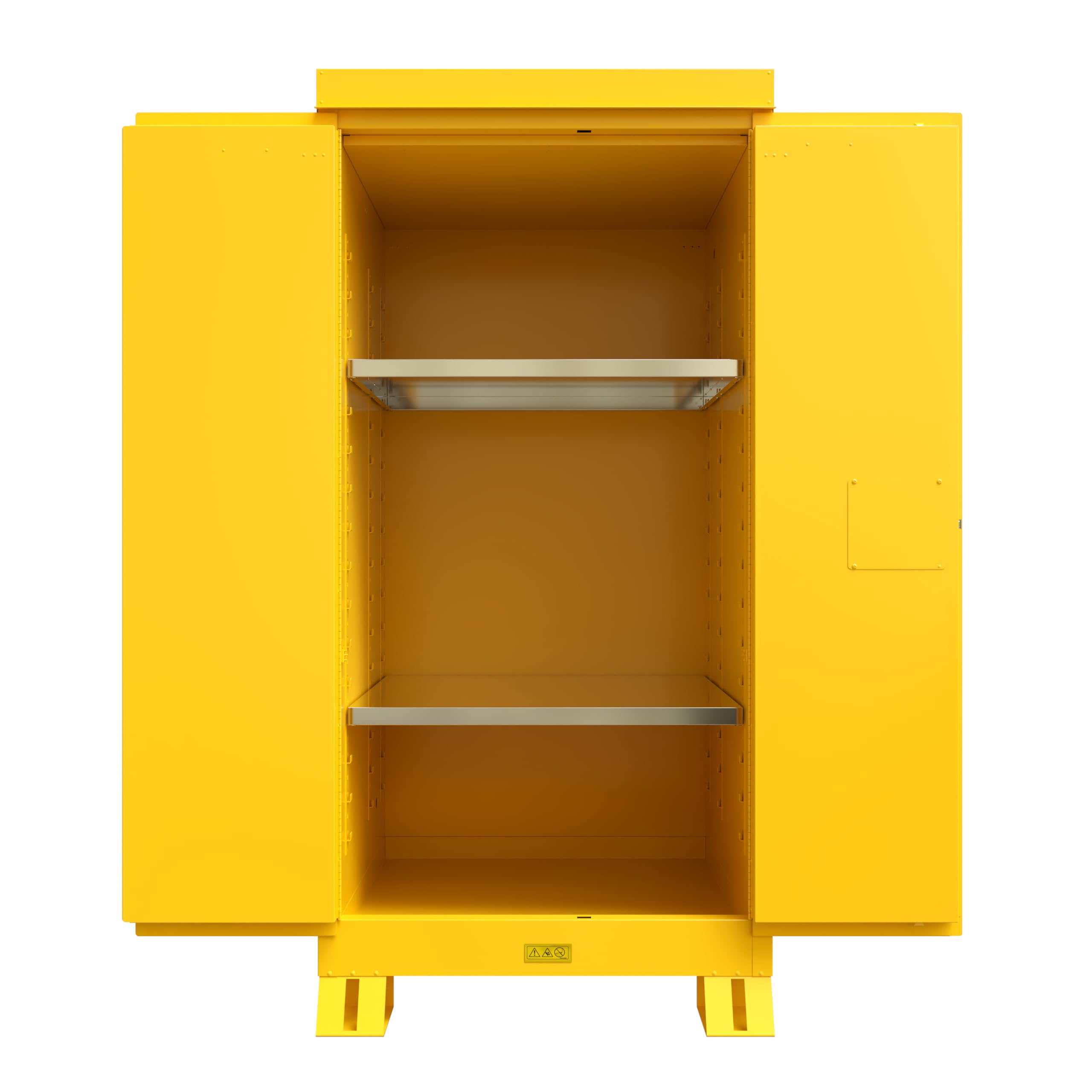 Justrite Outdoor Reinforced Steel Flammable Liquid Storage Cabinet, 2 Shelves with 350 lb. Capacity, 2 Manual-Close Door Fire Cabinet, 60 Gallon, 72" x 34" x 38", Made in The USA, Yellow, 816000