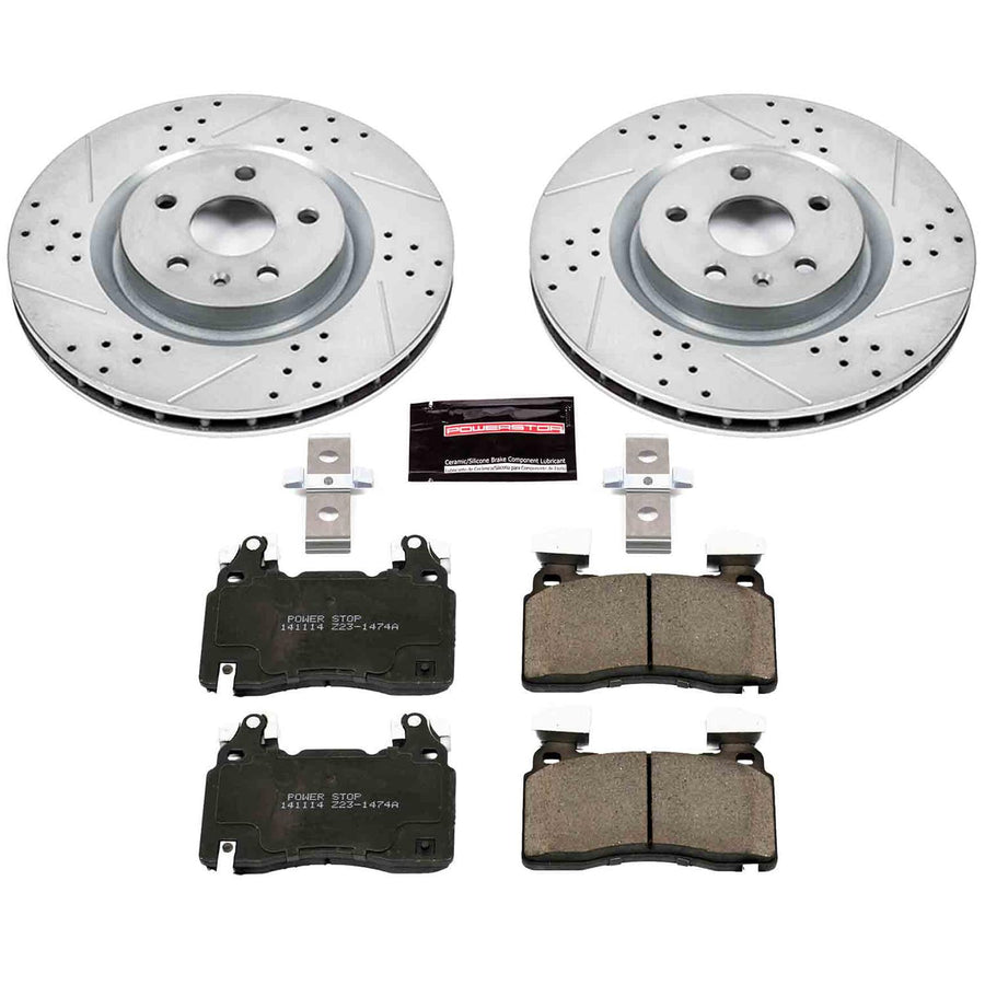 Power Stop K7007 Z23 Carbon Fiber Brake Pads Front with Drilled & Slotted Brake Rotors Kit For Chevrolet SS 2014-2017 [Model Specific]