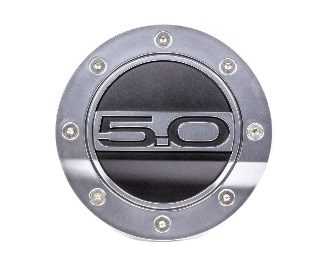 Drake FR3Z-6640526-5S Muscle Cars Fuel Door Comp Series Silver/Matte Black 5.0 Logo