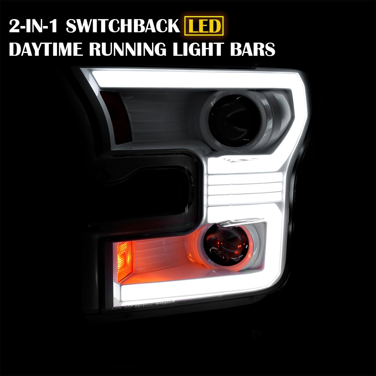 Dual Projector Headlights w/Switchback Sequential LED Tube Signal SPEC-D TUNING Arctic White Compatible with 2015-2017 Ford F150 Left + Right Pair Headlamps Assembly