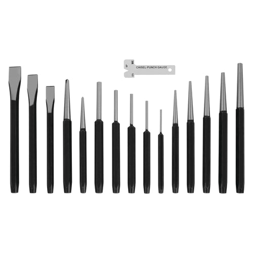 W7540 Performance Tool 16-Piece Punch and Chisel Set - Strong 6150 Chrome Vanadium Steel, Heat Treated and Tempered, with Storage Tray Included