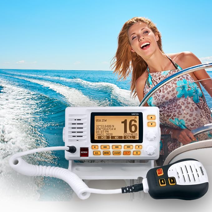 Marine VHF Radio Uniden UM725, All USA, Canada, and Int'l. Marine Channels, 1Watt/25Watt Transmit Power, Largest LCD Screen in Class, NOAA Weather Channels w/Alerts, Speaker Mic, IPX8 Waterproof