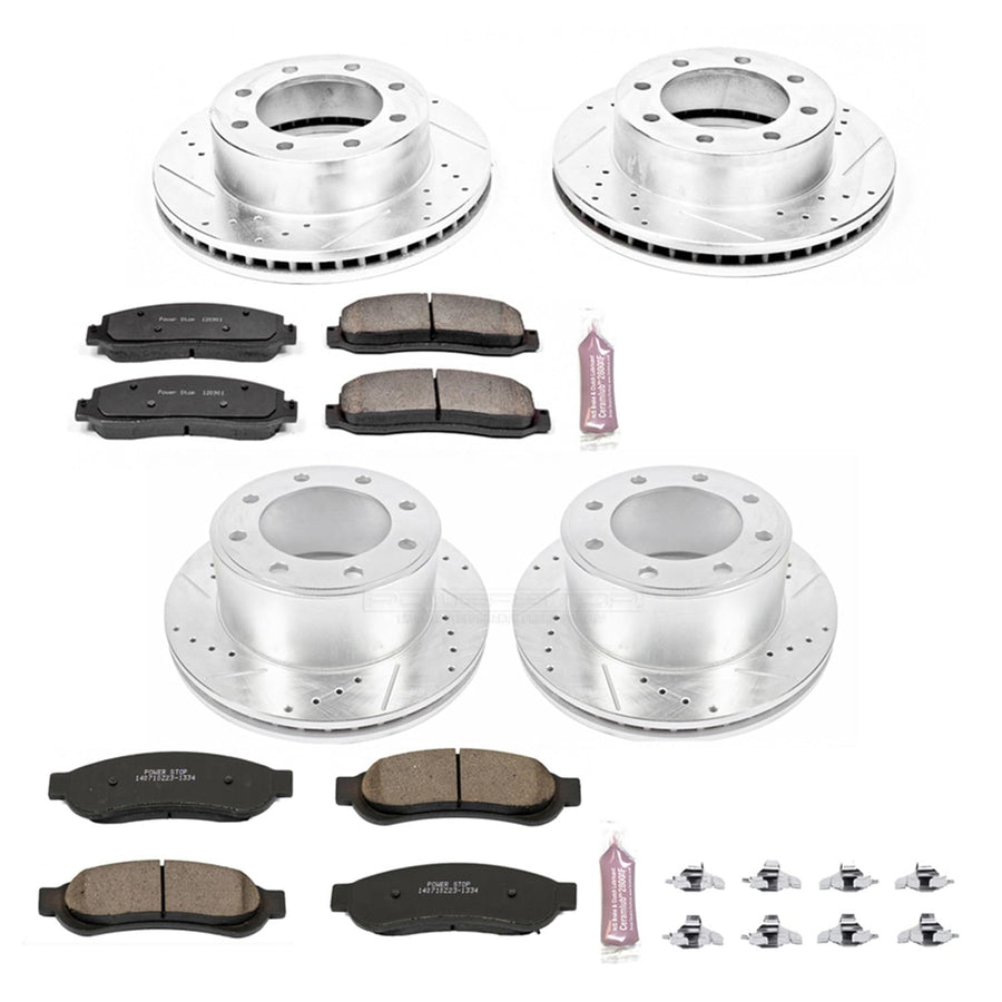 Power Stop K5573 Z23 Carbon Fiber Brake Pads Front and Rear with Drilled & Slotted Brake Rotors Kit For Ford F-350 Super Duty 2010 [Model Specific]