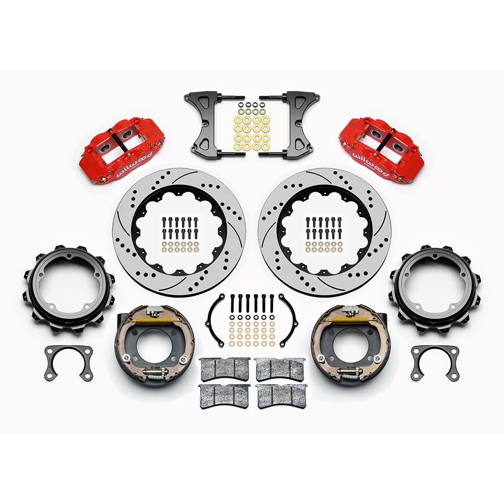WILWOOD Rear P-Brk Kit,140-12436-DR FNSL4R,14.00", Drill, Red, Strange Eng Floater 3.49" Offset