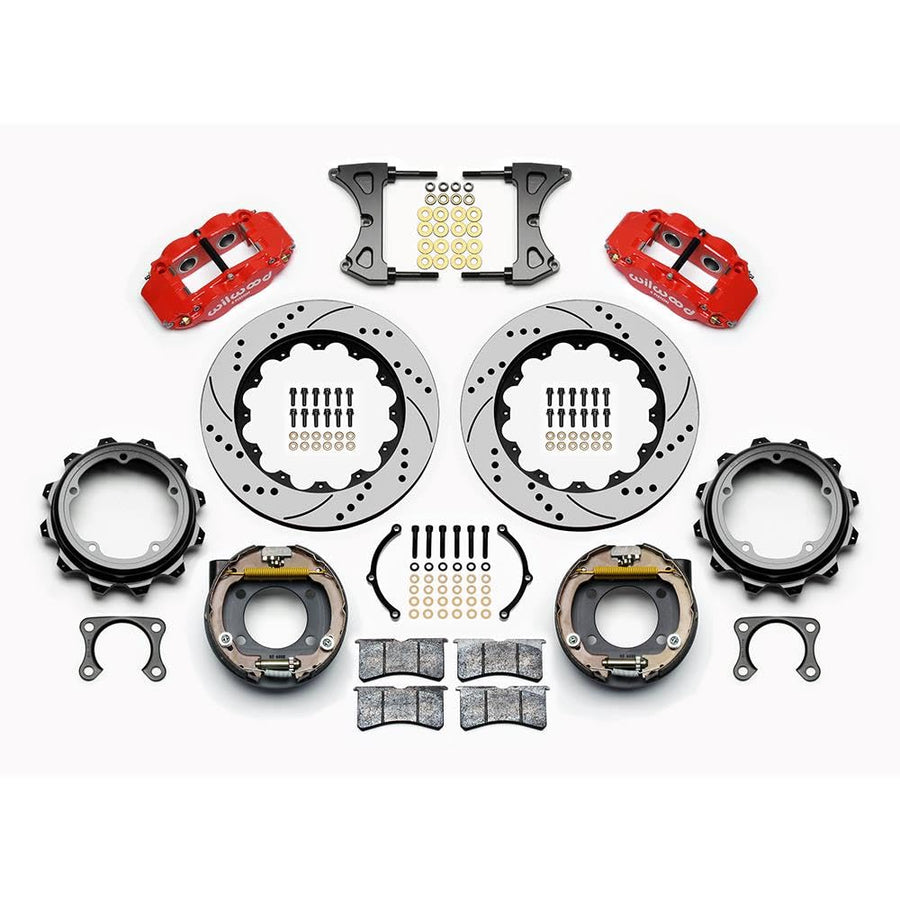 WILWOOD Rear P-Brk Kit,140-12436-DR FNSL4R,14.00", Drill, Red, Strange Eng Floater 3.49" Offset