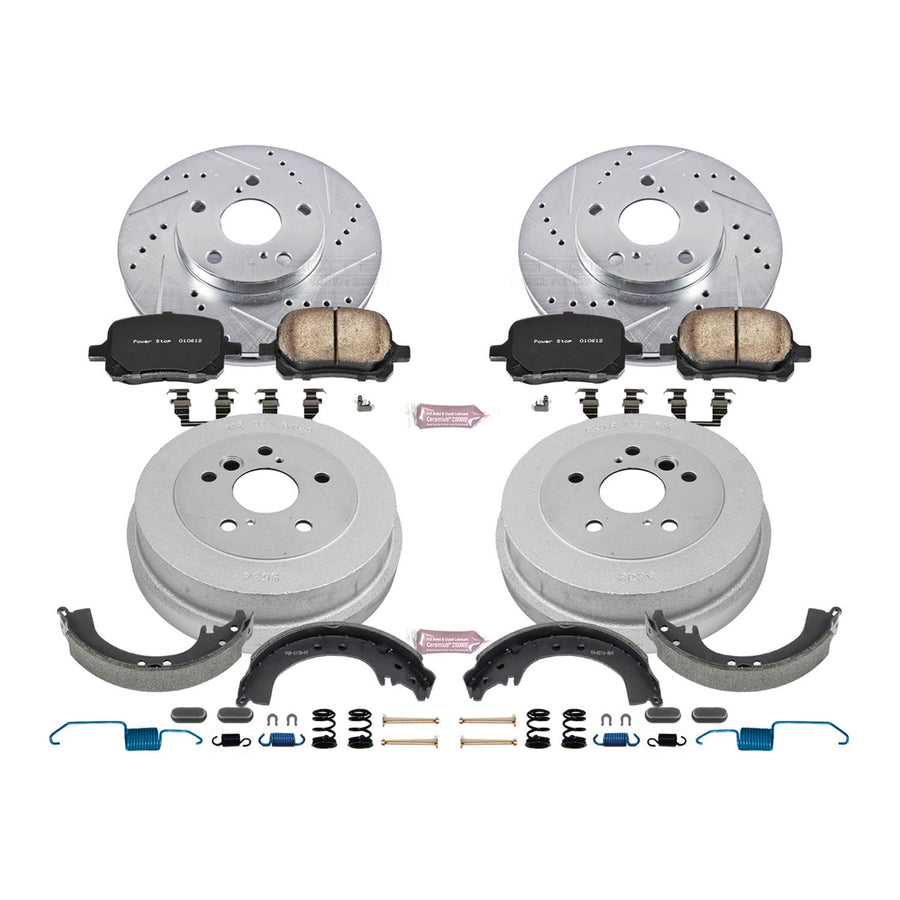 Power Stop K15064DK Z23 Carbon Fiber Brake Pads Front and Rear with Drilled & Slotted Brake Drums Kit For Toyota Solara 1999-2001 [Model Specific]