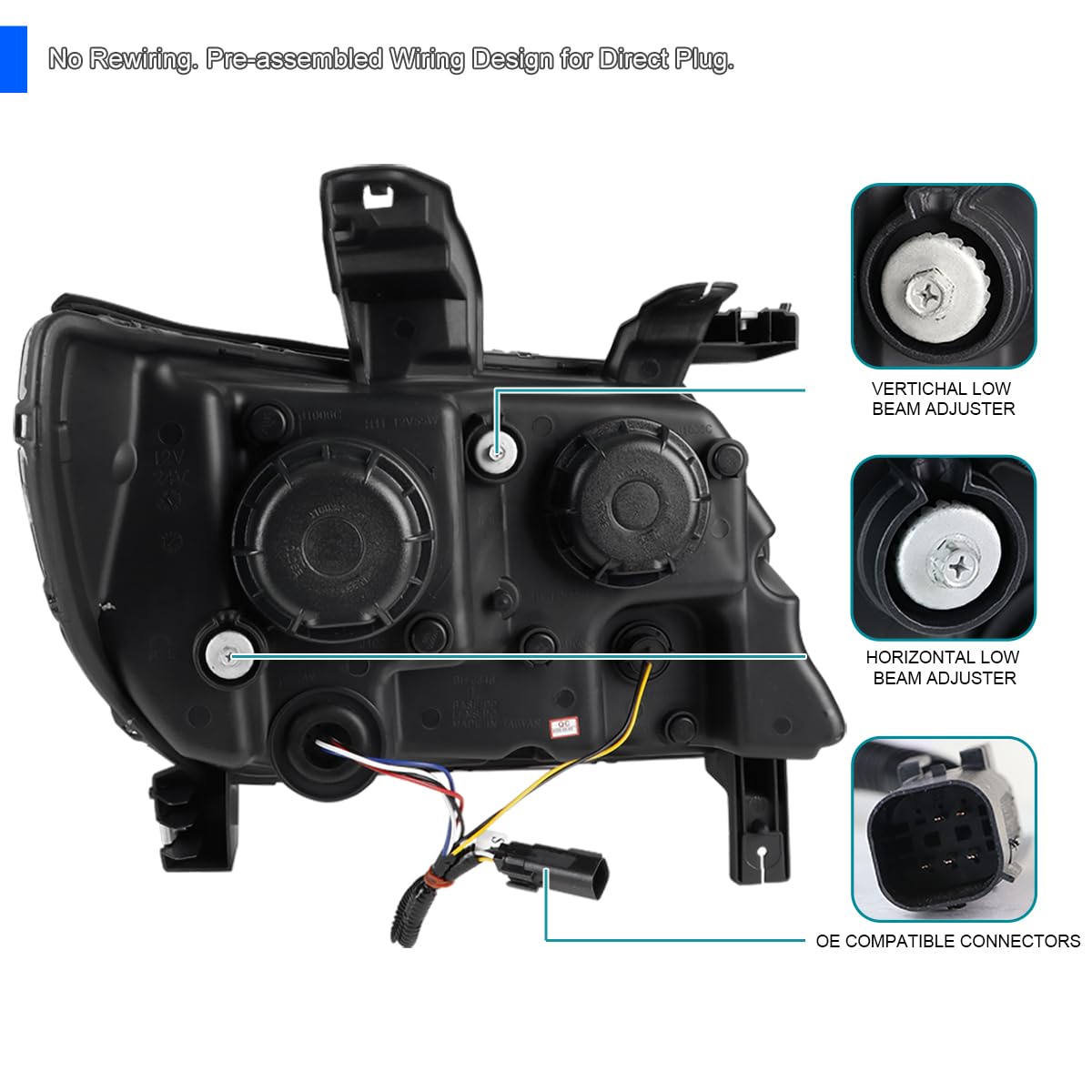 Black LED Light Bar Projector Headlights SPEC-D TUNING Compatible with 2015-2022 Chevy Colorado, Left + Right Pair Headlamps Assembly