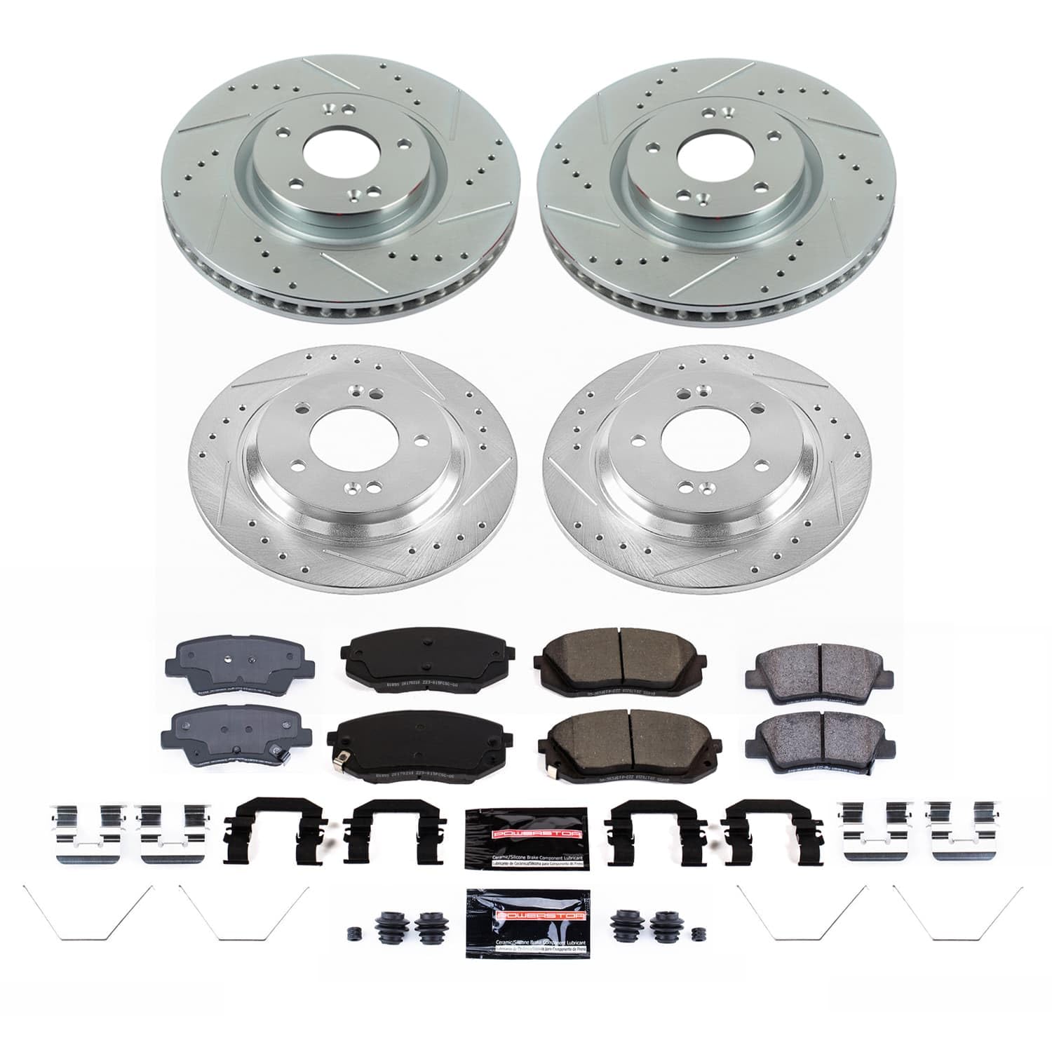Power Stop K9167 Z23 Carbon-Fiber Ceramic Brake Pads and Front and Rear Drilled and Slotted Rotors Brake Kit For Kia Optima 2020 [Application Specific]