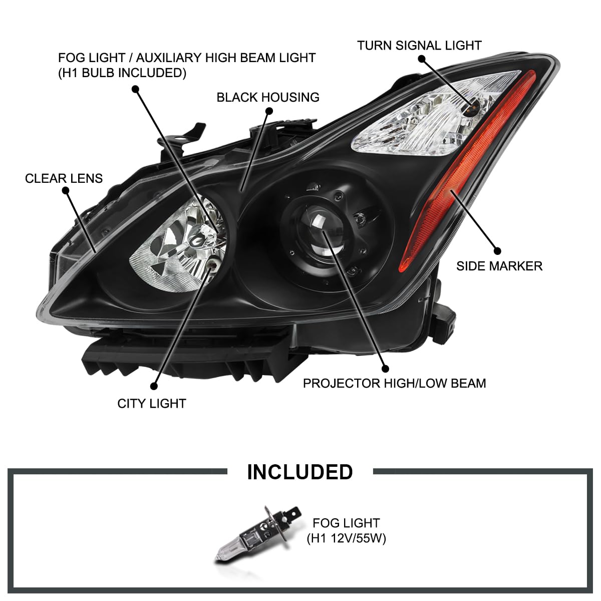 Black Projector Headlights SPEC-D TUNING w/Integrated Fog Lights Compatible with 2008-2015 Infiniti G37, Q60 2DR Coupe, Left + Right Pair Headlamp Assembly