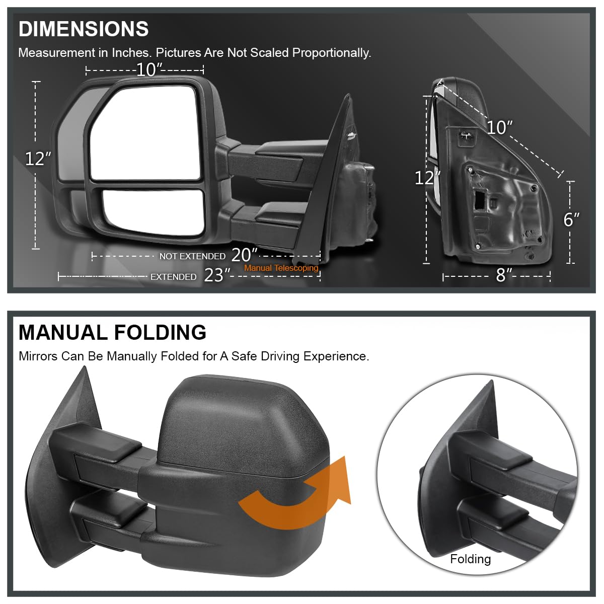 Spec-D Tuning Manual Extendable Black Tow Towing Mirrors Compatible with 2015-2020 Ford F150 Left + Right Pair