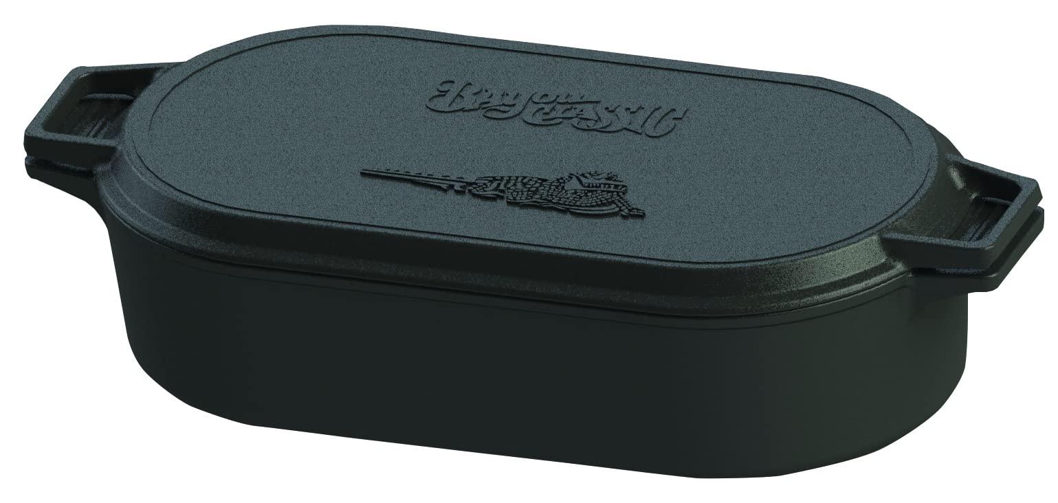 Bayou Classic 7477 6-qt Oval Cast Iron Fryer w/ Griddle Lid Perfect For Large Batch Frying Cooking Whole Chickens Pot Roasts & Reverse Griddle Lid Perfect For Large Batch Breakfast Burgers