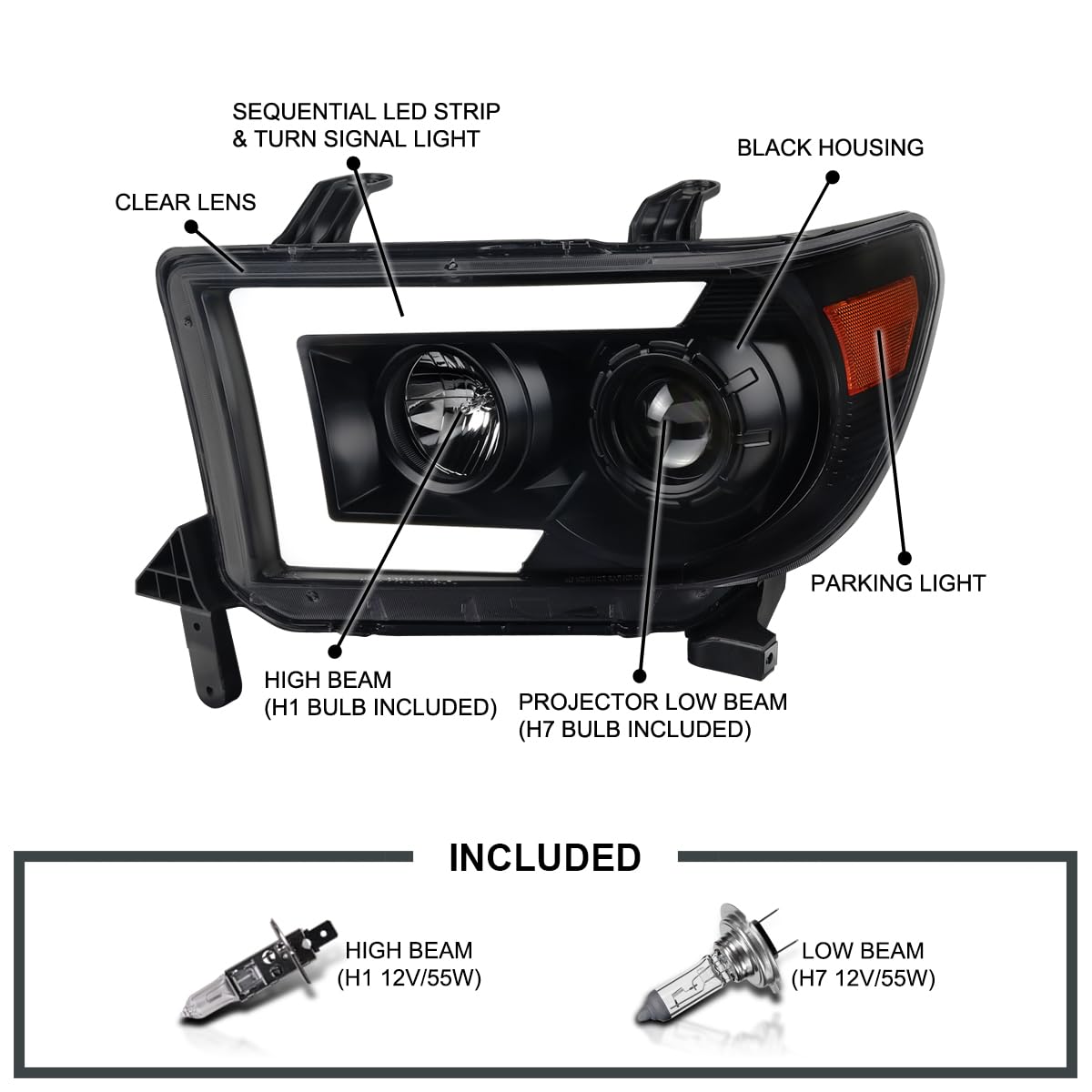 Black Projector Headlights SPEC-D TUNING w/LED Sequential Signal Compatible with 2007-2013 Toyota Tundra, 2008-2017 Toyota Sequoia, Left + Right Pair Headlamps Assembly