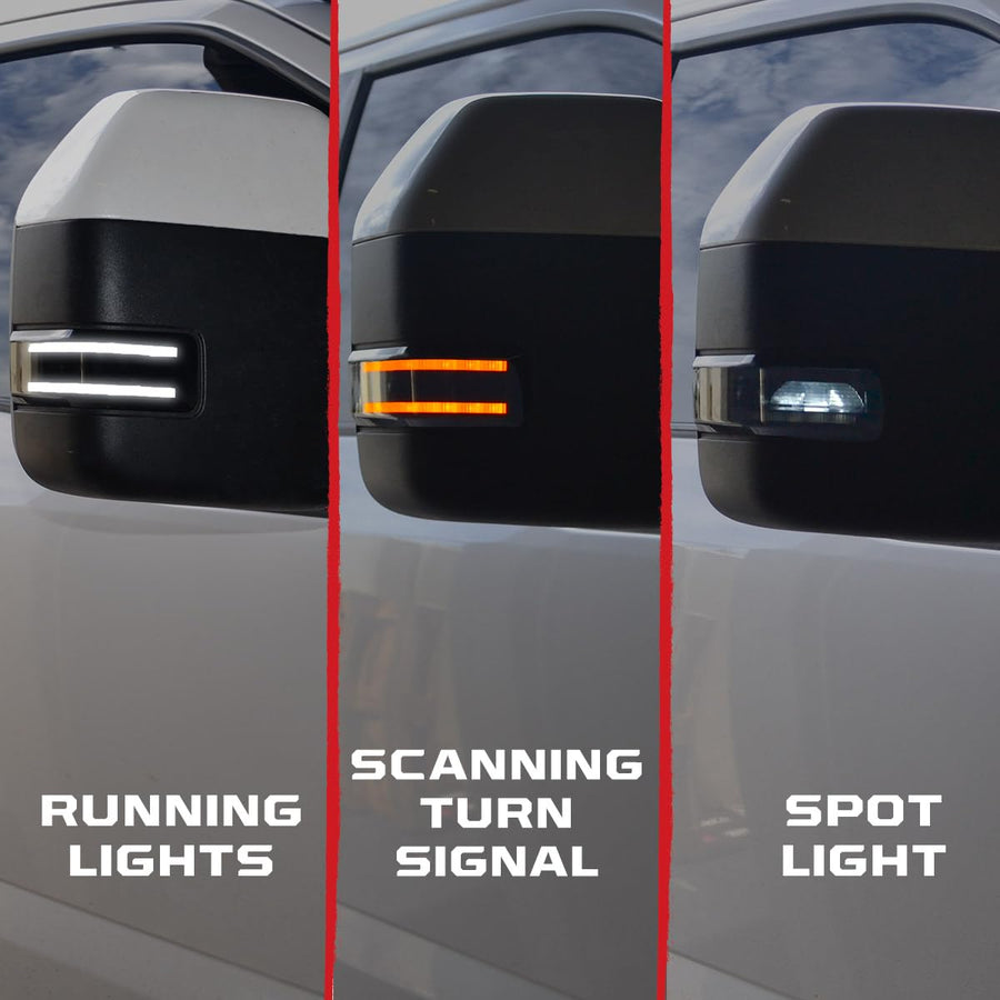 RECON - Smoked Side Mirror Lenses Fits Ford 17-22 Super Duty (F250, F350, F450) with LED White Running Lights, Spotlight, Scanning Amber Turn Signals - Smoked Lens