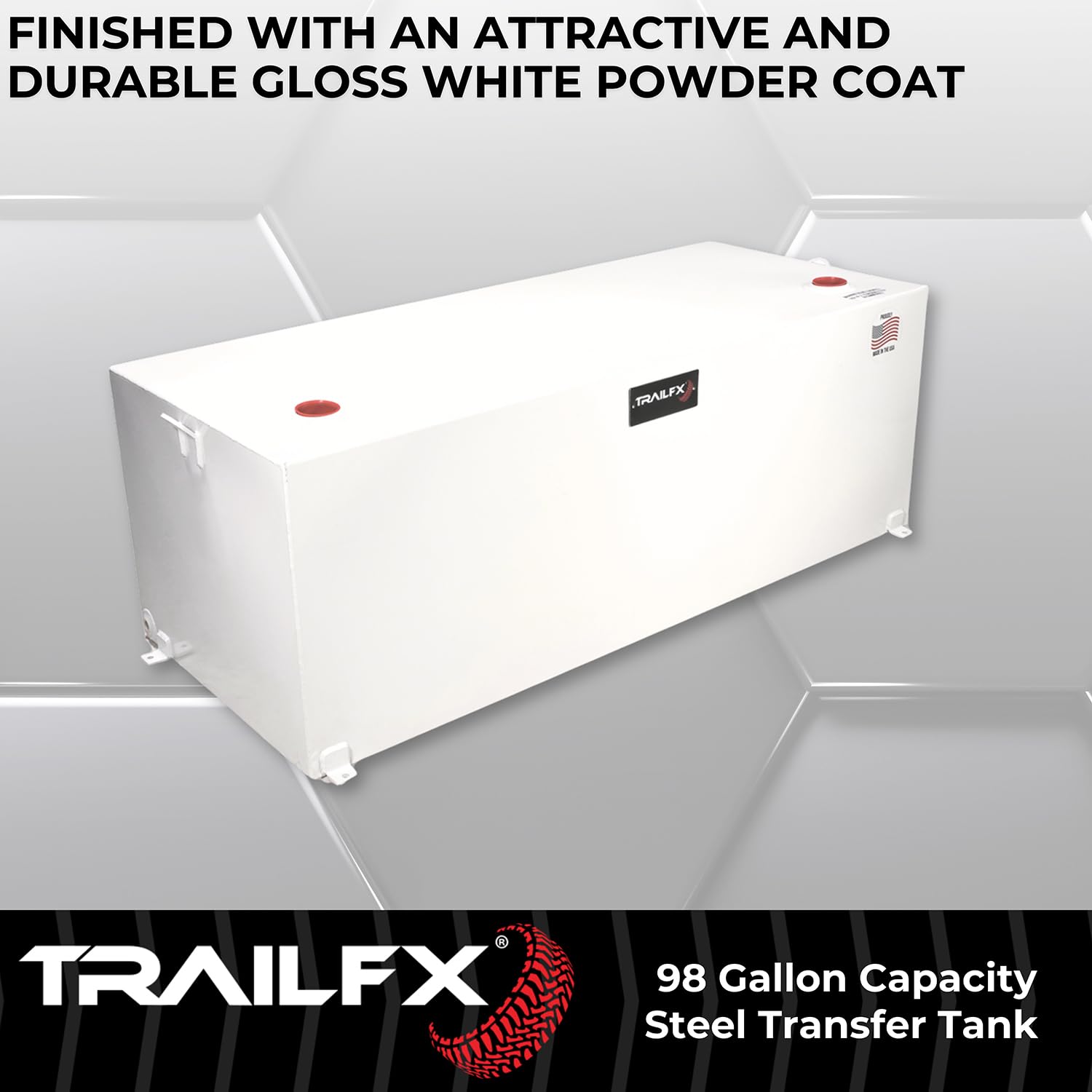 21098SW TrailFX Liquid Transfer Tank 98 Gallon Capacity Rectangular Steel Tank Gloss White Powder Coat Vented Lockable Cap For Diesel and Non-Flammable Liquids