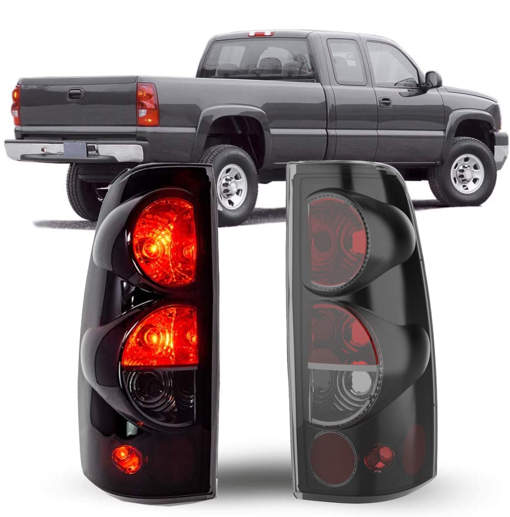 Tail Lights Winjet For [1999 2000 2001 2002 2003 2004 2005 2006 Chevy Silverado 1500 2500 3500] [1999-2003 GMC Sierra] Taillights Assembly Pickup Tail Lamp Brake Rear Lamps Replacement Black/Smoke