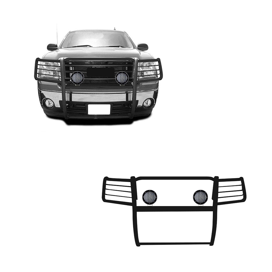 Grille Brush Black Horse Bumper Guard Modular Black Come with Pair of 5.3" Dia.LED Lights with Black Trim Rings Compatible with 2007-2013 GMC Sierra 1500-17GS10MA-PLFB