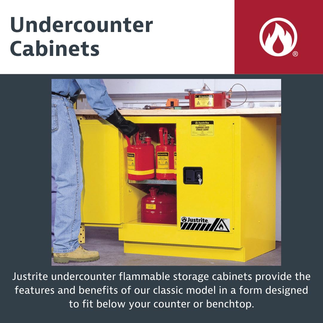 Justrite 22 Gallon Flammable Storage Cabinet Self Close Undercounter, 18 Gauge Steel, 1 Shelf, 2 Door Fire Cabinet, 35" x 35" x 22", Made in The USA, Yellow, 892320