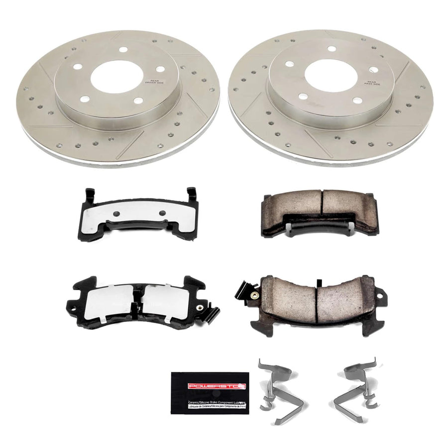 Rear Brake Kit Power Stop For 1979 1980 1981 Pontiac Firebird - Truck & Tow Carbon Fiber Ceramic Brake Pads & Drilled and Slotted Rotors Replacement, K4761-36