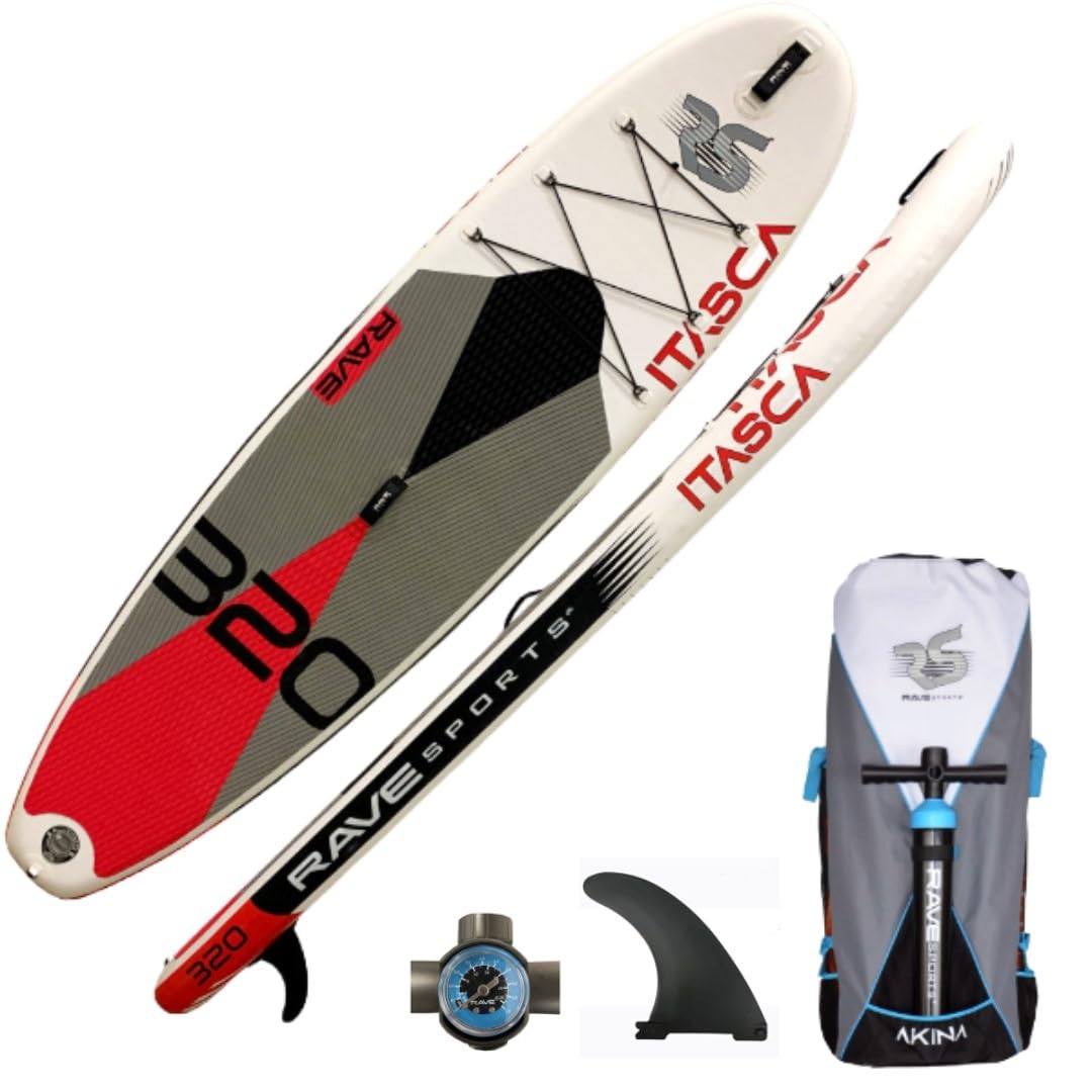 Inflatable Stand Up Paddle Board RAVE Sports, Itasca Salmon Red, 10'6" x 32" x 6", Durable Materials, Non-Slip Comfort Deck, Designed for Adults & Youth, Performance SUP, High Pressure Hand Pump