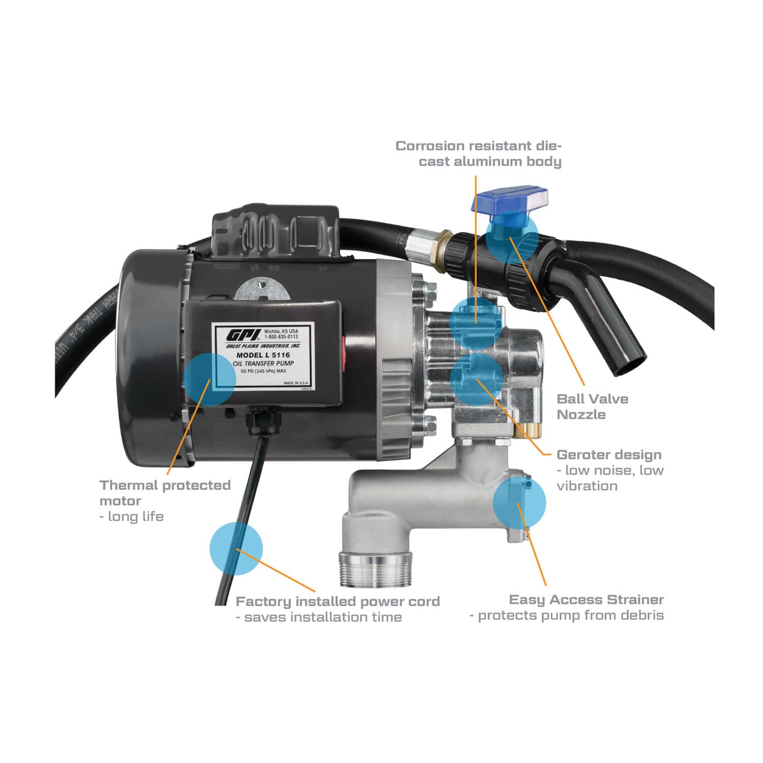 L5116 GPI Heavy Duty Oil Transfer Pump for High Viscosity Fluids, 16 QPM/4 GPM, 115/230 Volt AC (142100-01)