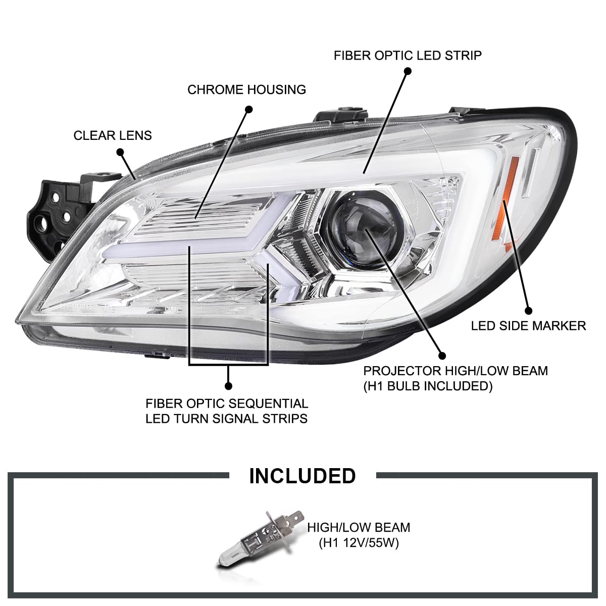 Chrome Projector Headlights SPEC-D TUNING w/Sequential LED Turn Signal Compatible with 2006-2007 Subaru Impreza WRX/STI Models Only, Left + Right Pair Headlamp Assembly